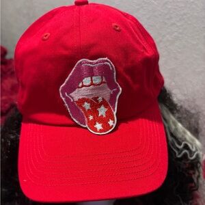 Red Embroidered Lip Design Cap